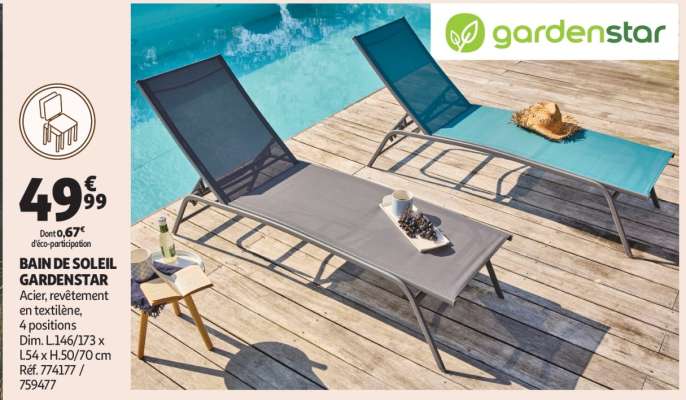 Bain De Soleil Gardenstar - Acier, revêtement en textilène, 4 positions
Dim. L.146/173 x l.54 x H.50/70 cm
Réf. 774177 / 759477