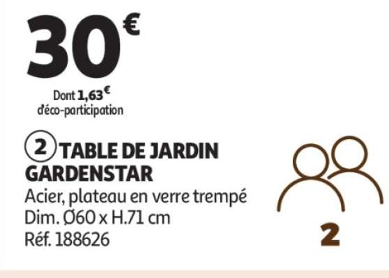 Table De Jardin Gardenstar - Acier, plateau en verre trempé
Dim. Ø60 x H.71 cm
Réf. 188626