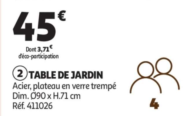 Table De Jardin - Acier, plateau en verre trempé
Dim. Ø90 x H.71 cm
Réf. 411026