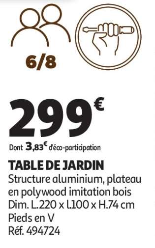 Table De Jardin - Structure aluminium, plateau en polywood imitation bois
Dim. L.220 x l.100 x H.74 cm
Pieds en V
Réf. 494724