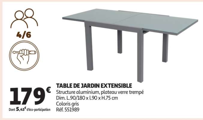 Table De Jardin Extensible - Structure aluminium, plateau verre trempé
Dim. L.90/180 x l.90 x H.75 cm
Coloris gris
Réf. 551989