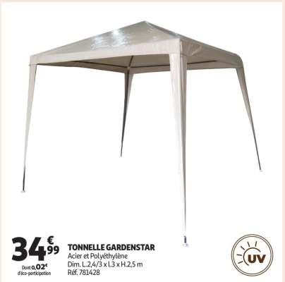Tonnelle Gardenstar - Acier et Polyéthylène
Dim. L.2,4/3 x l.3 x H.2,5 m
Réf. 781428