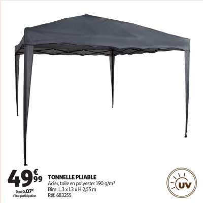 Tonnelle Pliable - Acier, toile en polyester 190 g/m²
Dim. L.3 x l.3 x H.2,55 m
Réf. 683255