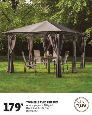 Tonnelle Avec Rideaux - Acier et polyester 140 g/m²
Dim. L.4 x l.3 x H.2,6 m
Réf. 983957