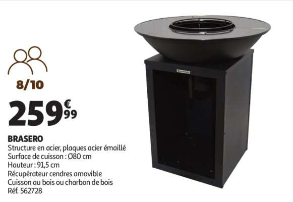 BRASERO - Structure en acier, plaques acier émaillé
Surface de cuisson : Ø80 cm
Hauteur : 91,5 cm
Récupérateur cendres amovible
Cuisson au bois ou charbon de bois
Réf. 562728