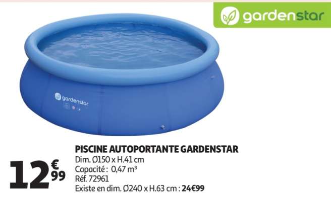 Piscine Autoportante Gardenstar - Dim. Ø150 x H.41 cm
Capacité :  0,47 m³
Réf. 72961