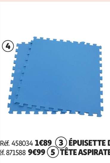 4 - Lot 9 Dalles Puzzle - En polyéthylène
Dim. L.50 x l.50 cm
Épaisseur 4,5 mm
Réf. 871588