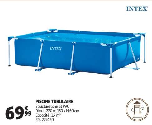Piscine Tubulaire - Structure acier et PVC
Dim. L.220 x l.150 x H.60 cm
Capacité : 1,7 m³
Réf. 279420