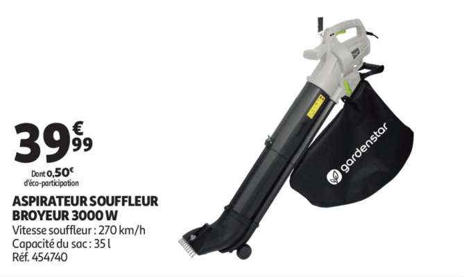 Aspirateur Souffleur Broyeur 3000 W - Vitesse souffleur : 270 km/h
Capacité du sac : 35 l
Réf. 454740