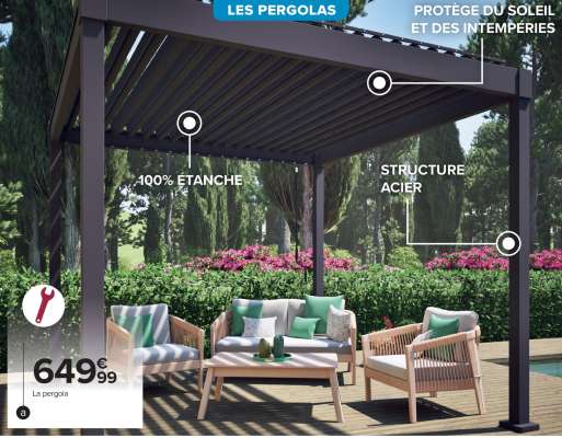 Pergola bioclimatique 3x3 Toscana - Dim.: L 300 x l 300 x H 240 cm. Structure et lames de toit en acier galvanisé. Ouverture et fermeture des lames de toit par manivelle. Coloris gris anthracite. Cette pergola vous permettra de créer un espace de vie chaleureux dans votre extérieur. Elle s’adapte aux variations météorologiques grâce à son toit muni de lames orientables qui vous permettrons de réguler la luminosité et le flux d’air. Vous pourrez ainsi vous protéger du soleil ou, au contraire, en profiter.