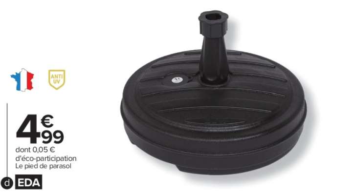 EDA Pied de parasol rond à lester - Base en plastique pour parasol droit dim. Ø 43 x H 28 cm . Pour mats Ø 1,8 à 3,2 cm. Poids après remplissage : 13 kg avec de l'eau ou 18 kg avec du sable.