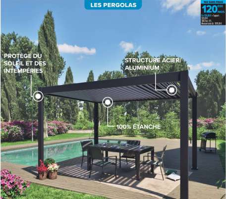 Pergola bioclimatique 3x4m Baena - Dim. ext.: L 302 x l 394 x H 251 cm, hauteur sous pergola : 236 cm. Structure en aluminium et lames en acier galvanisé.  Visserie et quincaillerie: Acier inoxydable, nylon ou plastique. Kit de fixation de la pergola au sol inclus. Coloris : gris anthracite – RAL 7015. Pergola bioclimatique à lames inclinables jusqu’à 135° permettant au toit d’être totalement étanche. L’eau est évacuée à travers les 4 poteaux. Idéal pour profiter dans le jardin à l'abri du soleil et des intempéries.