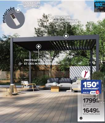 Pergola bioclimatique motorisée ODDA - Dim. ext. : L 302 x P 394 x H 256 cm. Dim. ext. hors-tout lames ouvertes : L 308 x P 400 x H 257 cm. Hauteur sous pergola : 246 cm. Structure et lames en aluminium garantie 5 ans. Evacuation de l'eau intégrée à l'intérieur des 4 poteaux. Ouverture des lames motorisée avec télécommande fournie. Inclinaison des lames de toiture jusqu’à 135°. Cette pergola bioclimatique motorisée vous permettra de sublimer votre extérieur et d'en profiter tout au long de l'année.