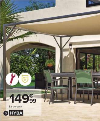 HYBA Pergola Palma - Dim : L 404 x l 305 x H 240 cm. Structure en  acier et voile d'ombrage en polyester 160 g/m2. Ancrage au sol possible. Idéal pour aménager des zones d'ombrage dans son jardin.