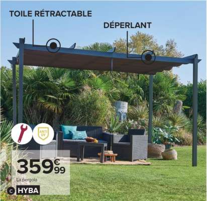 HYBA Pergola 3 x 4m Lorca - Dim.: L 395 x l 295 x H 240 cm. Structure en aluminium. Toile polyester 180 g/m². La toile est rétractable pour profiter du soleil selon vos envies. Possibilité de fixer la pergola au sol. Système de fixation non inclus.