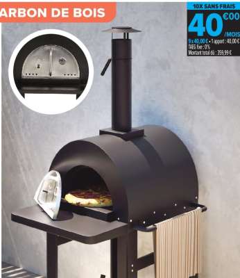 Four à pizza Tarente - Four au bois ou charbon de bois sur chariot. Dims : 76 x 94 x 197 cm. Surface de cuisson dims : 62 x 54 cm.  Pierre à pizza incluse. 4 roues pour faciliter le déplacement.
