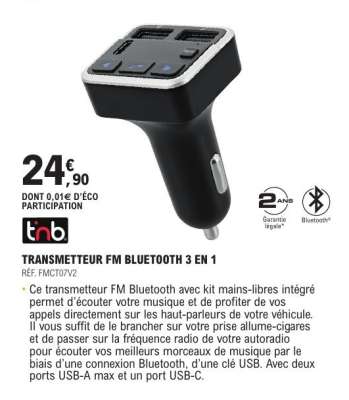 TRANSMETTEUR FM BLUETOOTH 3 EN 1