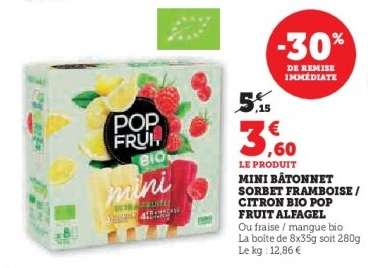 Mini Bâtonnet Sorbet Framboise/Citron Bio Pop Fruit Alfagel