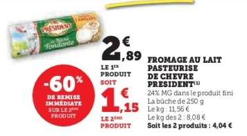 Fromage au lait pasteurisé de chèvre Président