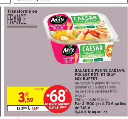 Salade & Penne César, Poulet Rôti et Œuf Mix Buffet