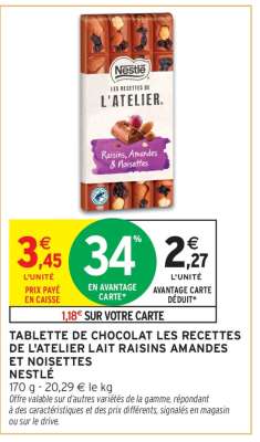 Tablette de chocolat Les Recettes de L'Atelier Lait Raisins Amandes et Noisettes