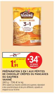 PRÉPARATION 3 EN 1 AUX PÉPITES DE CHOCOLAT CRÊPES OU PANCAKES OU GAUFRES VAHINÉ