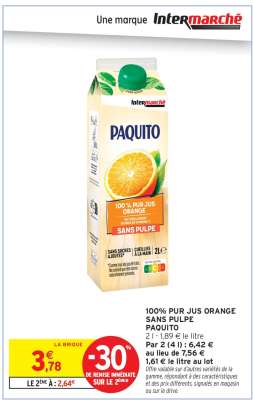 100% Pur Jus Orange Sans Pulpe Paquito