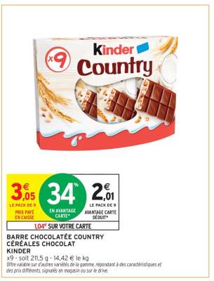 BARRE CHOCOLATÉE COUNTRY CÉRÉALES CHOCOLAT KINDER