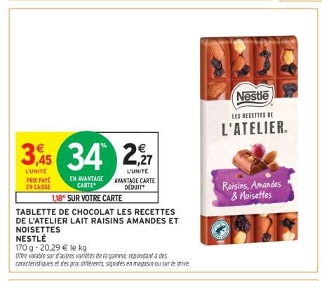 TABLETTE DE CHOCOLAT LES RECETTES DE L'ATELIER LAIT RAISINS AMANDES ET NOISETTES NESTLÉ