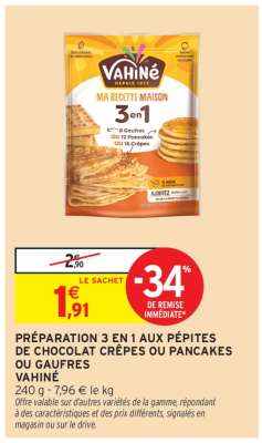 PRÉPARATION 3 EN 1 AUX PÉPITES DE CHOCOLAT CRÊPES OU PANCAKES OU GAUFRES VAHINÉ