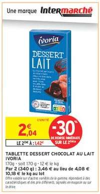TABLETTE DESSERT CHOCOLAT AU LAIT IVORIA