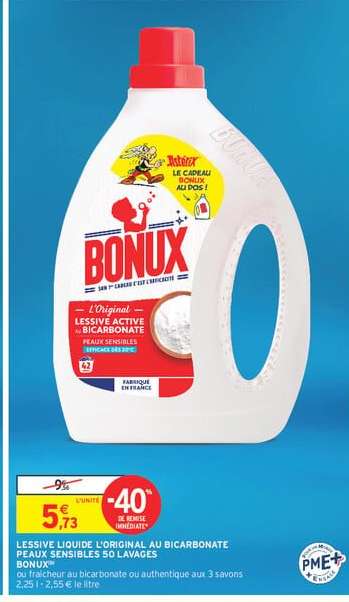 LESSIVE LIQUIDE L'ORIGINAL AU BICARBONATE PEAUX SENSIBLES 50 LAVAGES BONUX