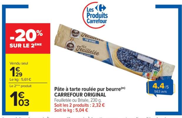 Pâte à tarte roulée pur beurre CARREFOUR ORIGINAL