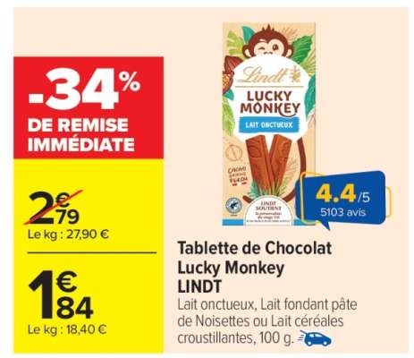 TABLETTE DE CHOCOLAT LUCKY MONKEY “LINDT”