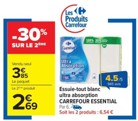 Essuie-tout blanc ultra absorption CARREFOUR ESSENTIAL