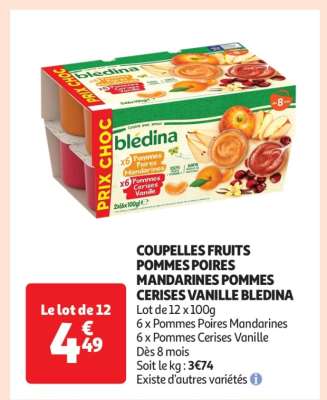 COUPELLES FRUITS POMMES POIRES MANDARINES POMMES CERISES VANILLE BLEDINA