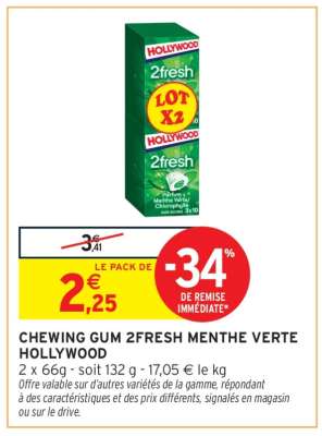 CHEWING GUM 2FRESH MENTHE VERTE HOLLYWOOD