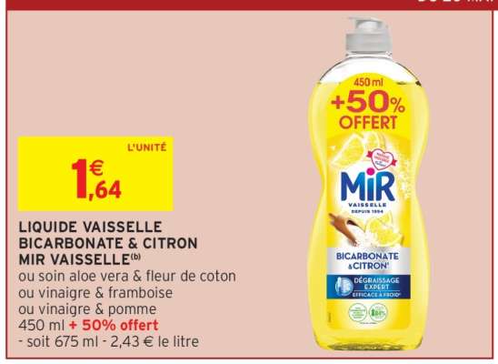 LIQUIDE VAISSELLE BICARBONATE & CITRON MIR VAISSELLE