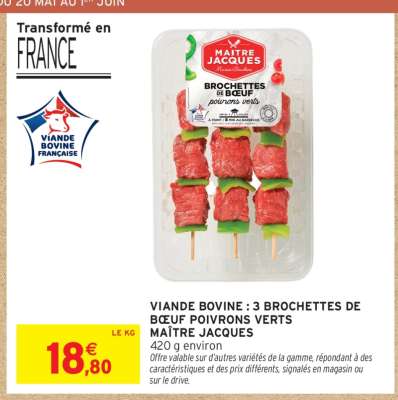 VIANDE BOVINE : 3 BROCHETTES DE BŒUF POIVRONS VERTS MAÎTRE JACQUES