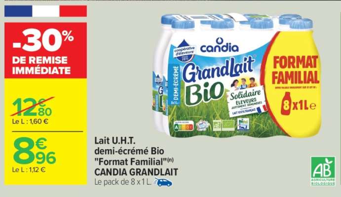 Lait U.H.T. demi-écrémé Bio "Format Familial"