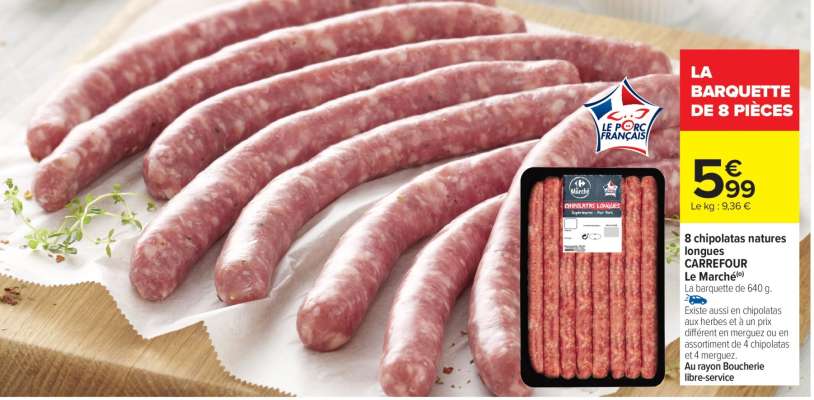 8 chipolatas natures longues CARREFOUR Le Marché