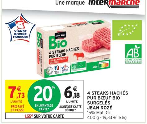 4 STEAKS HACHÉS PUR BŒUF BIO SURGELÉS JEAN ROZÉ