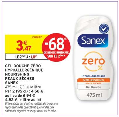 GEL DOUCHE ZÉRO HYPOALLERGÉNIQUE NOURISHING PEAUX SÈCHES SANEX