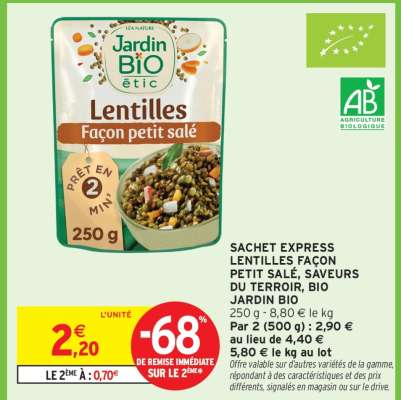 Sachet Express Lentilles Façon Petit Salé, Saveurs du Terroir, Bio Jardin Bio