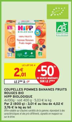 COUPELLES POMMES BANANES FRUITS ROUGES BIO HIPP BIOLOGIQUE