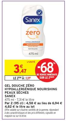 SANEX GEL DOUCHE ZÉRO HYPOALLERGÉNIQUE NOURISHING PEAUX SÈCHES