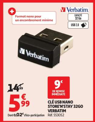 CLÉ USB NANO STORE'N'STAY 32GO VERBATIM
