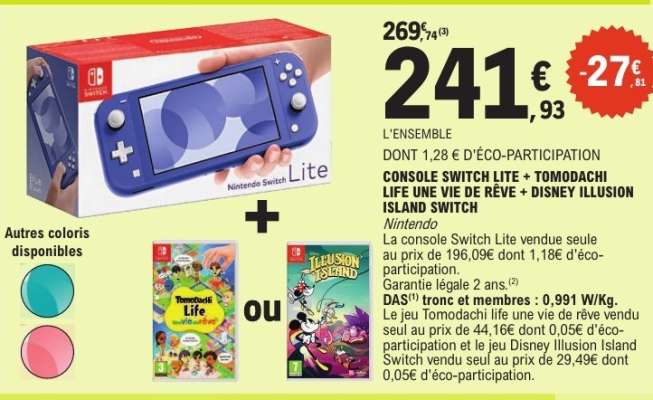 CONSOLE SWITCH LITE + TOMODACHI LIFE UNE VIE DE RÊVE + DISNEY ILLUSION ISLAND SWITCH