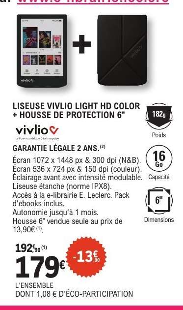 Liseuse Vivlio Light HD Color + Housse de Protection 6"