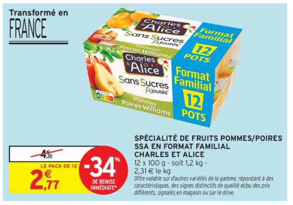 SPÉCIALITÉ DE FRUITS POMMES/POIRES SSA EN FORMAT FAMILIAL CHARLES ET ALICE